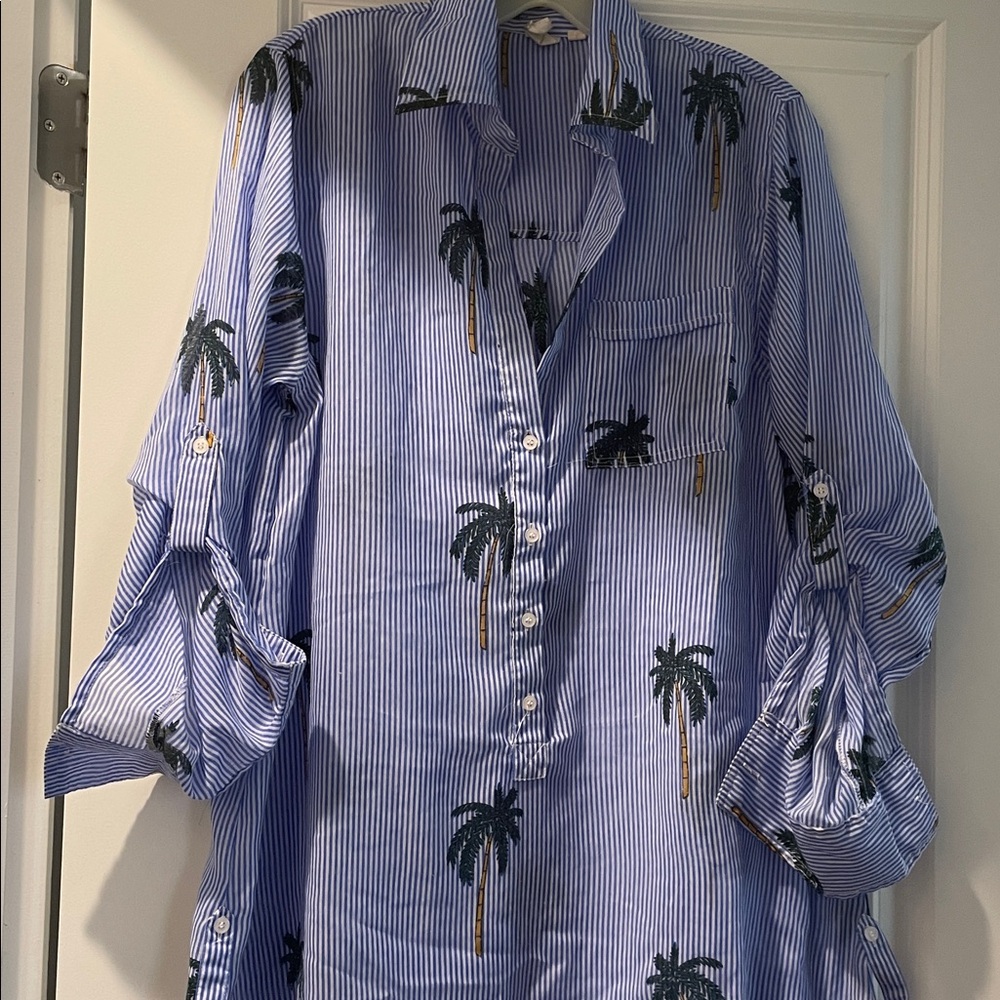 Violet Sky Overshirt Coverup Tunic Size S Blue White Stripes Tropical Vacation